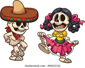 Mexican dancing skeletons. Vector clip art illustration with simple gradients. Each on a separate layer.