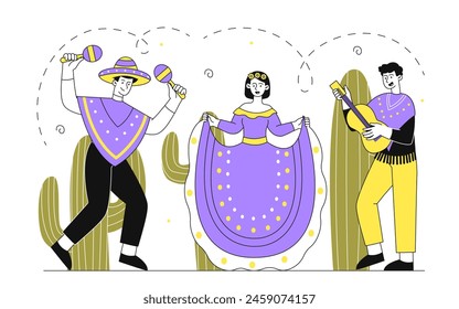 Mexican dancing in street simple. Men and women in traditional costumes with maracasses. People in sombrero at latin festival. Doodle flat vector illustration isolated on white background