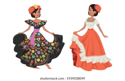 Mexican Dancing Women in Traditional National Clothes Cartoon Vector Illustration