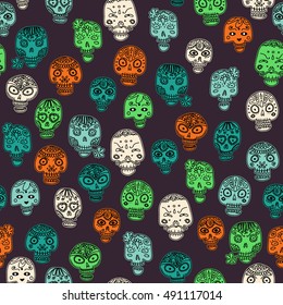 Mexican dark blue and orange pattern of skulls