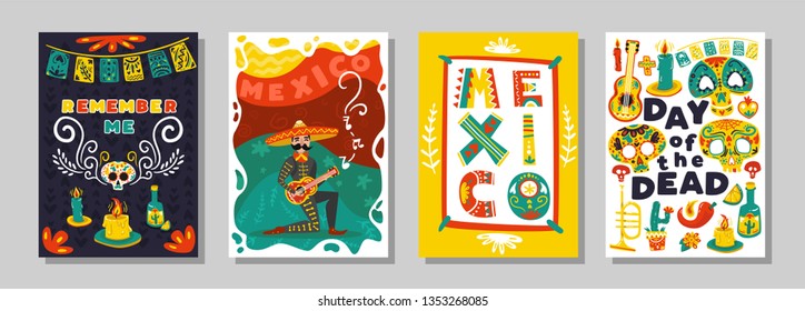 Mexican day dead 4 colorful ornamental  posters set with traditional symbolic attributes skull masks isolated vector illustration