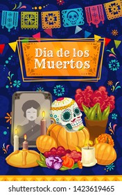 Mexican Day of the Dead altar with vector sugar skull. Dia de los Muertos holiday tombstone, marigold flowers and sweet bread, candles, paper cut flags and bunting garland, greeting card design