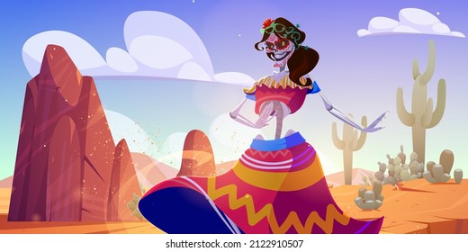 Mexican Day of Dead background with skeleton dance in desert. Vector cartoon illustration of desert landscape in Mexico with sand, rocks, cactuses and spooky woman, Calavera Catrina