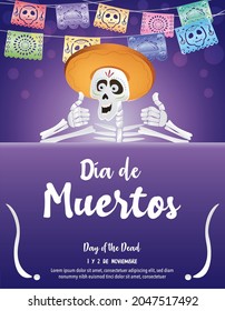 Mexican Day of the Dead, banner for party invitation or greeting the card. Background for a party with a Skeleton, paper cut and lights. Text place. Vector illustration