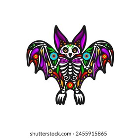 Mexican Day of Dead bat animal with sugar skull, vector tattoo for Dia de Los Muertos holiday. Mexican tattoo of bat with skull and skeleton bones in floral pattern ornament of Mexico celebration