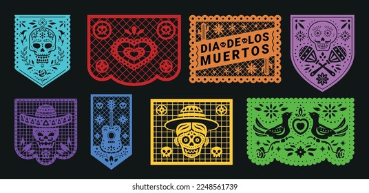 Mexican Day of the Dead bunting paper napkin ornament tissue decor set vector flat illustration. Festive Mexico culture traditional holiday ethnic flag Hispanic Halloween festival sugar skull skeleton