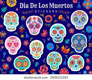 Mexican Day of the Dead calavera sugar skull stickers, vector icons. Dia de Los Muertos or Mexican holiday stickers, calavera skull in ethnic floral ornament with marigold flowers for Day of the Dead