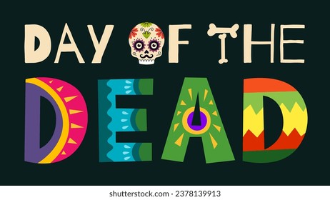 Mexican Day of the Dead carnival vector horizontal poster. Dia de Los Muertos national festival greeting card with colorful lettering and skull. Mexico religious holiday banner eps design template