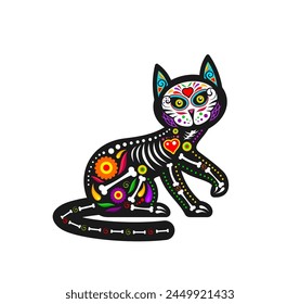 Día mexicano del gato muerto animal tatuaje de cráneo de azúcar. Vector Figura aislada del gatito del día de los Muertos con huesos, colores vibrantes y motivos florales, simboliza la celebración de las mascotas felinas fallecidas