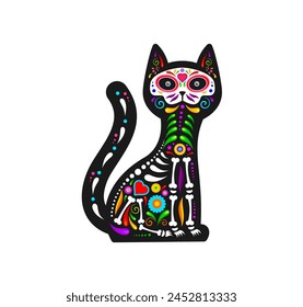 Día de Muertos de México, animal de gato con calavera de azúcar para tatuaje, símbolo de Vector. Tatuaje de fiesta de Día de Los Muertos o México del gato con el cráneo y los huesos del esqueleto en el ornamento floral mexicano