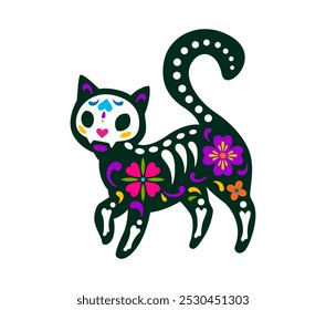 Día mexicano del tatuaje animal del gato muerto con patrones florales decorativos y huesos de esqueleto. Calavera de Vector inspirada en la cultura y tradición de México, simbolizando el recuerdo de las mascotas felinas