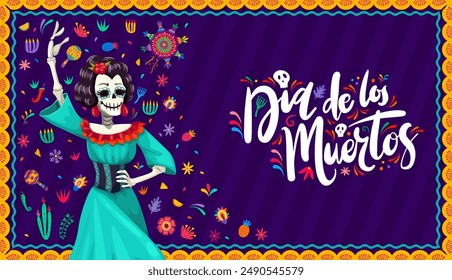 Mexican day of the dead Catrin character, dia de los Muertos holiday banner. Vector greeting card for Latin Halloween celebration with female skeleton wear long dress dancing fiery flamenco dance