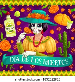 Mexican Day of the Dead Catrina skeleton with flowers, vector Dia de los Muertos. Mexico religion holiday Calavera with marigolds, cactuses, tequila and limes, bread and fiesta party flamenco costume