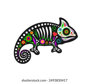 Mexican Day of the Dead chameleon animal with sugar skull for tattoo, vector silhouette. Dia De Los Muertos Mexican holiday totem animal of chameleon lizard with skull and skeleton bones in flowers