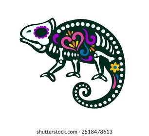 Día mexicano del tatuaje de animal camaleón muerto. Vector Reptil de Halloween Dia de los Muertos. Figura de lagarto tropical con huesos esqueléticos y vibrante patrón floral en estilo popular alebrije