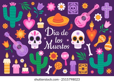 Dia mexicano dos mortos. Cinco de maio, dia de los muertos. Coleção de ilustrações de desenhos animados bonitos. Crânio de açúcar, sombrero, ukulele, velas, marocas, cacto, papel picado, flores em roxo escuro.