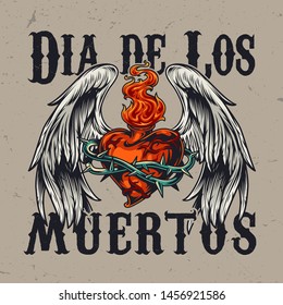 Mexican Day of Dead colorful concept with heart shaped bottle in wire with fire and angel wings isolated vector illustration