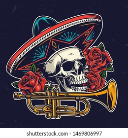 Mexican Day of Dead colorful concept with skull in sombrero hat brass trumpet and rose flowers in vintage style isolated vector illustration