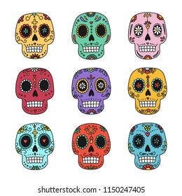Mexican Day of the Dead. Colorful patterned vector skull set isolated on white background.