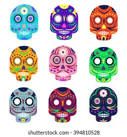 Mexican day of the dead concept vector illustration. Muerte festival. Colorful set of skulls isolated on white background.