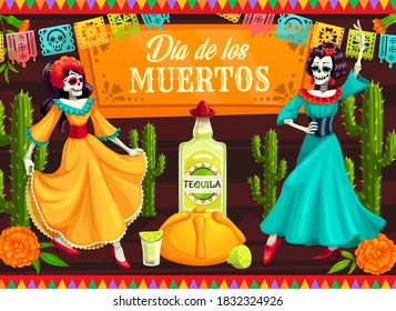 Mexican Day of the Dead dancing Catrina skeletons. Vector Dia de los Muertos skeleton dancers with calavera skulls, cactuses and marigold flowers, tequila, lime and bread, decorated with papel picado