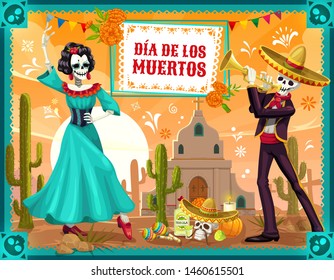 Mexican Day of the Dead dancing skeletons vector design of Dia de los Muertos holiday. Skeletons of Catrina, flamenco dancer and festival mariachi, sugar skull, sombrero and marigold flowers