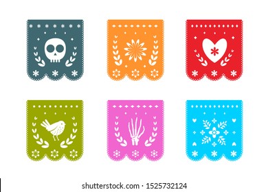 Mexican Day of the dead decoration garland flags with Mexican symbols. Festival Dia de los Muertos attribute for street decor with skull, bird, skeleton and heart graphic design.