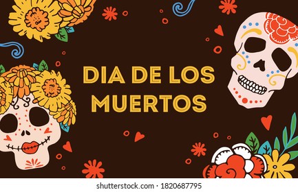 Mexican Day of the Dead design template with painted skulls and flowers. Title in Spanish Day of the Dead. Hand drawn vector illustration