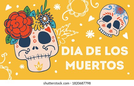 Mexican Day of the Dead design template with painted skulls. Title in Spanish Day of the Dead. Hand drawn vector sketch illustration