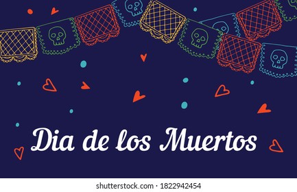 Mexican Day of the Dead design template with traditional paper flags. Title in Spanish Day of the Dead. Hand drawn vector illustration