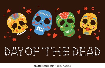 Mexican Day of the Dead design template with painted skulls and title. Hand drawn vector illustration