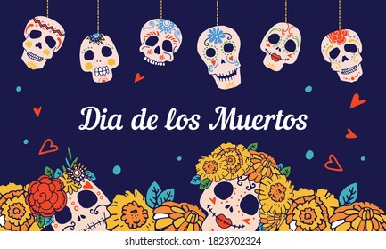 Plantilla de diseño del Día Mexicano de la Muerte con cráneos pintados y flores de oro en la parte superior e inferior de la página. Título en el Día de los Muertos. Ilustración vectorial dibujada por mano