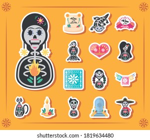 Mexican day of dead detailed style bundle of icons design, Mexico culture theme Vector illustration