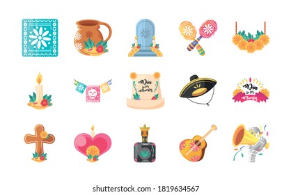 Mexican day of dead detailed style set of icon design, Mexico culture theme Vector illustration
