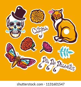 Mexican Day of the Dead. Dia De Los Muertos. Sticker with a human skull in a hat, a cat, a moth Hyles, flowers, marigolds, lettering. Vector illustration.