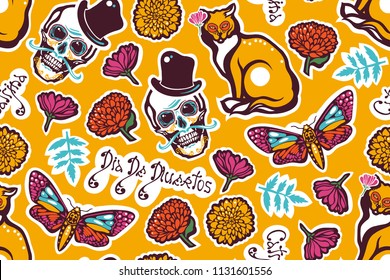 Día de los Muertos en México. Dia De Los Muertos. Patrón sin soldadura con un cráneo humano en un sombrero, un gato, una polilla Híles, flores, marigolas, letras. Ilustración vectorial.