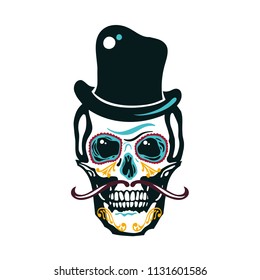 Mexican Day of the Dead. Dia De Los Muertos. Poster with sugar a human head in a hat with a mustache. Lettering. Vector illustration.