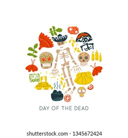 Mexican Day of the Dead  (Dia de los Muertos) vector set. Hand painted illustration made in funny doodle style. Vector handdrawn isolated circle concept. Round frame premade design.
