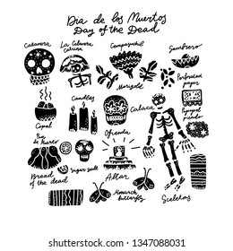 Mexican Day of the Dead  (Dia de los Muertos) clipart vector set. Hand painted illustration made in funny doodle style. Set of dramings.
