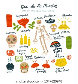 Mexican Day of the Dead  (Dia de los Muertos) clipart vector set. Hand painted illustration made in funny doodle style. Set of dramings.
