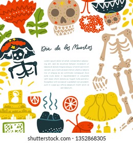 Mexican Day of the Dead  (Dia de los Muertos) vector set. Hand painted illustration made in funny doodle style. Set of dramings. Vector handdrawn square frame. Isolated rectangle concept.
