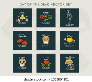 Mexican Day of the Dead  (Dia de los Muertos) vector symbols bundle. Hand painted Premade cards set made in funny doodle style. Modern concept for cards, banners and merch design. 