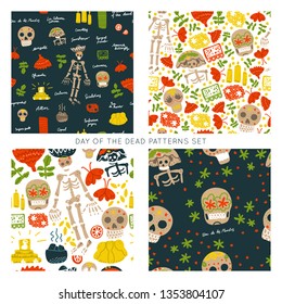 Mexican Day of the Dead  (Dia de los Muertos) vector set. Hand painted illustration made in funny doodle style. Seamless pattern. Collection of backgrounds.