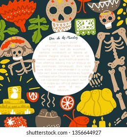 Mexican Day of the Dead  (Dia de los Muertos) vector set. Hand painted illustration made in funny doodle style. Vector handdrawn isolated circle concept. Round frame premade design.
