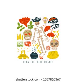 Mexican Day of the Dead  (Dia de los Muertos) vector set. Hand painted illustration made in funny doodle style. Set of dramings. Vector handdrawn square frame. Isolated rectangle concept.
