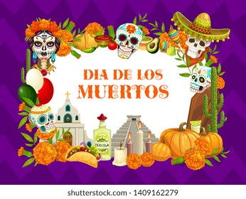 Mexican Day of Dead or Dia de los Muertos holiday fiesta. Vector Dia de los Muertos traditional celebration symbols of calavera skull in sombrero with floral patter painting and marigold flowers