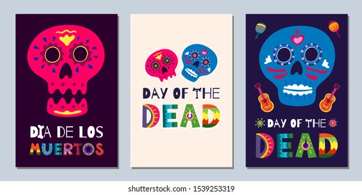 Mexican Day of the Dead Dia de Los Muertos banners. National festival greeting cards with skeleton hand drawn lettering flowers skulls on dark and light background. Vector illustration poster set