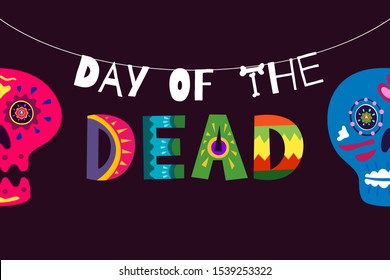 Mexican Day of the Dead Dia de Los Muertos poster. Mexico national ritual festival greeting card with hand drawn decoration lettering and sugar skull skeleton on black background. Vector illustration