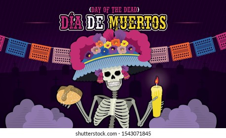 Mexican Day of the Dead (Dia de los Muertos) Catrina with dead breed, candle and handmade cut flags
