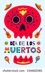 Mexican Day of the Dead Dia de Los Muertos poster. National festival greeting card with skeleton hand drawn lettering flowers skull on light background. Mexico vector illustration banner